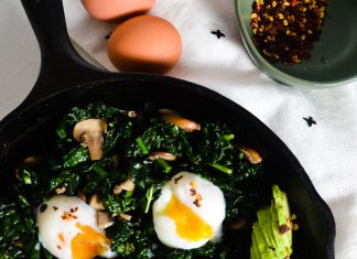Perfectly Poached Eggs over Leafy Greens + Mushroom Breakfast Skillet